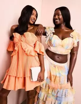 Платье мини-бандо со складками из хлопкового поплина ASOS LUXE абрикосового цвета