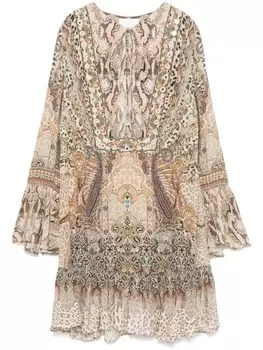 Платье-мини Camilla с длинными рукавами и оборками, коричневый