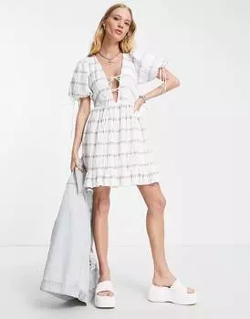 Платье мини чайного цвета с глубоким вырезом и текстурированными полосками Topshop