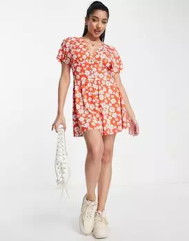 Платье мини чайного цвета с талией и пуговицами красного цвета ASOS DESIGN