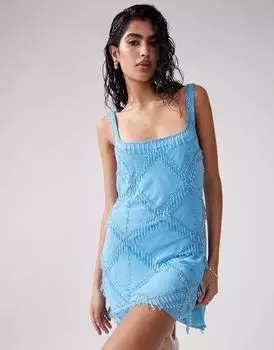 Платье мини через плечо с бирюзовым декором и свисающим бисером ASOS DESIGN