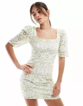 Платье-мини Collective The Label с квадратным вырезом, вышитое шитьем белого и зеленого цвета