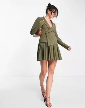 Платье мини цвета хаки с длинными рукавами и складками ASOS DESIGN
