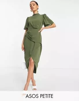 Платье мини цвета хаки с короткими рукавами и драпировкой спереди ASOS DESIGN Petite