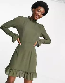 Платье мини цвета хаки с оборками и рукавами три четверти ASOS DESIGN