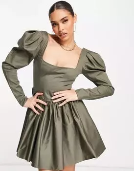 Платье мини цвета хаки с плиссированной юбкой из хлопкового поплина ASOS