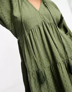 Платье мини цвета хаки с v-образным вырезом и кисточками New Look