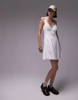 Платье мини цвета слоновой кости с подвернутым бюстом и кружевной отделкой Topshop