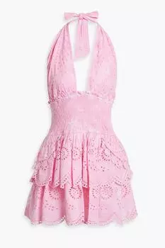 Платье мини Deanna из хлопка с воротником-халтер и воротником-халтер, окрашенное в технике тай-дай, с вышивкой английской вышивки LOVESHACKFANCY, розовый