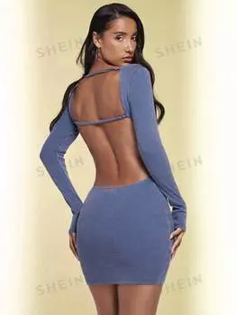 Платье-мини джинсовое Shein Bae с открытой спиной, синий