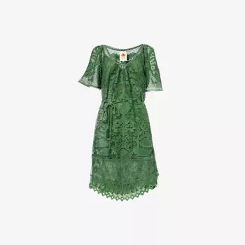 Платье мини Farm Rio с короткими рукавами из гипюра, зеленый