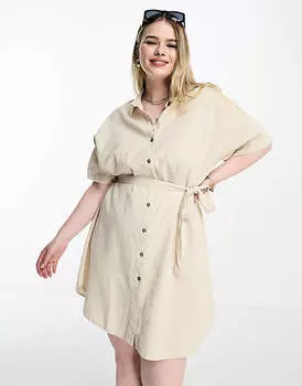 Платье мини-футболка из льна с поясом Vero Moda Curve