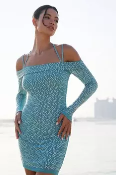 Платье-мини-футляр с бирюзовым принтом и стразами QUIZ Clothing