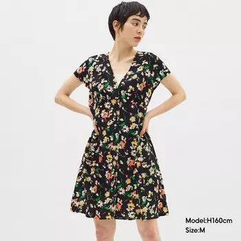 Платье-мини GU Super Girl French Vacation с V-образным вырезом и принтом, черный