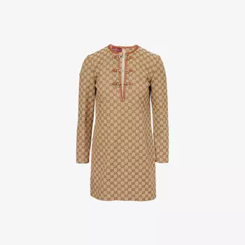 Платье мини Gucci GG с декором ворота и фирменным принтом, коричневый