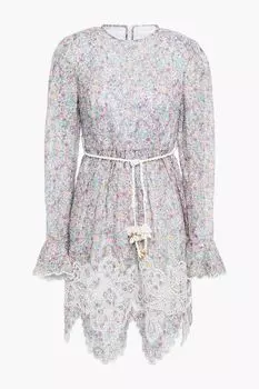 Платье мини из английской вышивки с цветочным принтом ZIMMERMANN, сиреневый