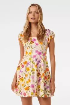 Платье мини из чистого льна с декоративными швами Forever New, бежевый