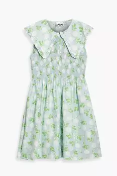 Платье мини из хлопка и шелка с цветочным принтом и сборками GANNI, синий