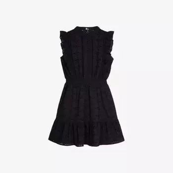 Платье мини из хлопка с высоким воротником и английской вышивкой The Kooples, черный