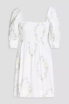 Платье мини из хлопкового поплина с цветочным принтом и сборками GANNI, белый