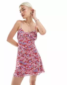 Платье-мини из сетчатой ткани ASOS DESIGN с розовым цветочным принтом и сборкой на бюсте