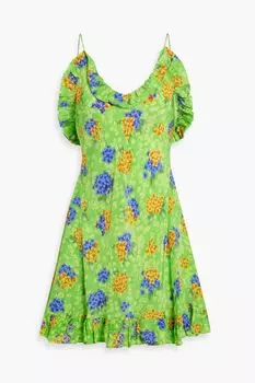 Платье мини из шелкового крепдешина с оборками и цветочным принтом LES RVERIES, зеленый
