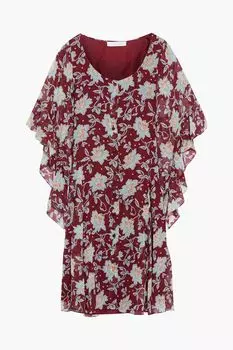Платье мини из шелкового жоржета с оборками и цветочным принтом CHLO, бордовый