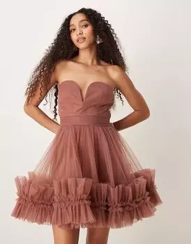 Платье-мини из тюля с кружевом и бисером, оборками по подолу, в форме сердца, розово-коричневого цвета Lace & Beads