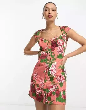 Платье мини из твила с пуговицами ASOS Design и чашками с цветочным принтом
