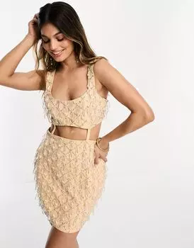 Платье мини из твила с вырезом и заниженной талией ASOS DESIGN, украшенное драгоценными камнями