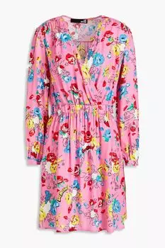 Платье мини из твила с запахом и сборками с цветочным принтом LOVE MOSCHINO, розовый