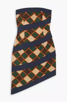 Платье мини из твила в клетку асимметричного кроя Robin без бретелек AHLUWALIA, зеленый