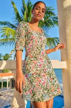 Платье мини из вышивки с квадратным вырезом и принтом Love & Roses, белый