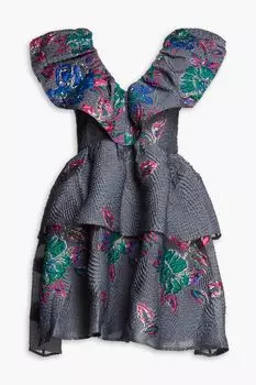 Платье мини из жаккарда и клоке с оборками и цветочным принтом GANNI, серый