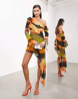 Платье мини на одно плечо со вставками в полоску ASOS