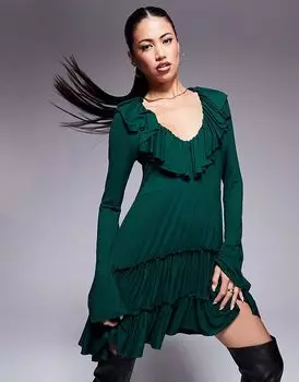 Платье-мини-платье ASOS DESIGN бутылочно-зеленого цвета с оборками