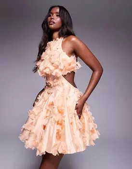 Платье-мини-платье ASOS LUXE с 3D-цветочным принтом и завязками на шее абрикосового цвета