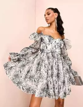 Платье мини-платье с открытыми плечами и моноцветной вышивкой ASOS LUXE из органзы