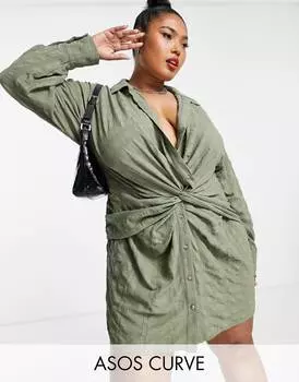 Платье мини-рубашка цвета хаки с узлом спереди ASOS DESIGN Curve