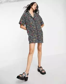 Платье мини-рубашка Topshop из смесовой вискозы в тропическом стиле - MULTI