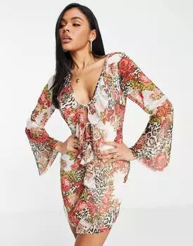 Платье мини с анималистичным цветочным принтом и завязками спереди ASOS DESIGN