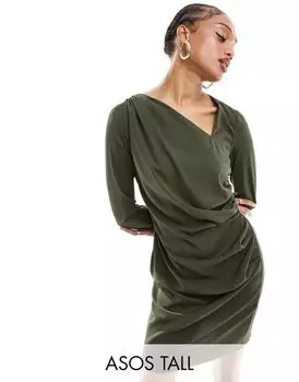 Платье мини с асимметричным вырезом и присборенными рукавами ASOS DESIGN Tall цвета хаки