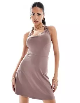 Платье мини с асимметричным вырезом и запахом ASOS DESIGN мокко