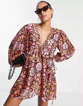 Платье мини с атласными рукавами и цветочным принтом Topshop