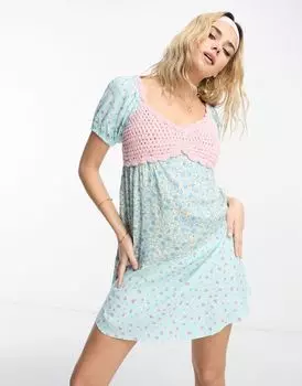 Платье мини с цветочным принтом ASOS DESIGN, связанное крючком