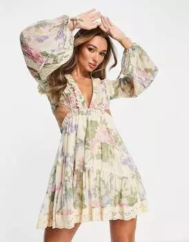 Платье мини с цветочным принтом и кружевной отделкой ASOS DESIGN