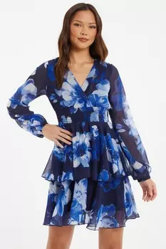 Платье-мини с цветочным принтом в синюю полоску QUIZ Clothing