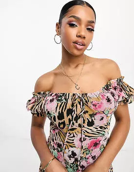 Платье мини с цветочным животным принтом и завязками спереди ASOS DESIGN