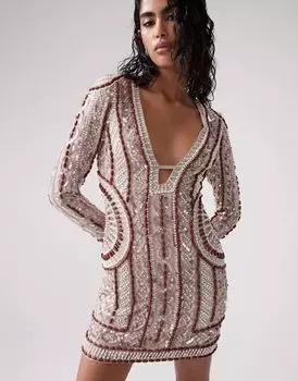 Платье мини с длинными рукавами и каменными деревянными бусинами ASOS