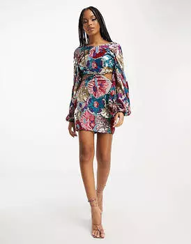 Платье мини с длинными рукавами и цветочным декором по бокам ASOS DESIGN